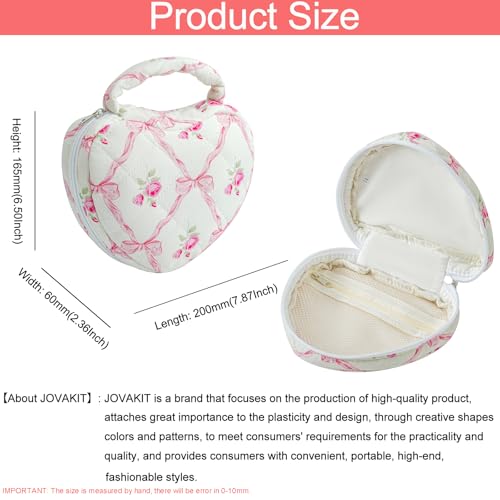 JOVAKIT Quilted Heart Shaped Makeup Bag Cosmetic Bag for Women with Handle, Floral Coquette Cotton Travel Makeup Case Toiletry Zipper Make Up Pouch, Travel Storage Organizer Stuff (Pink Bowknot)