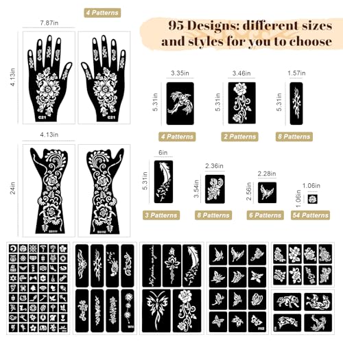 95 PCS Temporary Tattoos Stencils Kit,Temporary Tattoos Kit - 6 Pcs 3 Color(black*1,brown*4 & Red*1) Ink with 6 removal wipes,10 disposable cotton swabs DIY Body Art Painting for Women Men Adults
