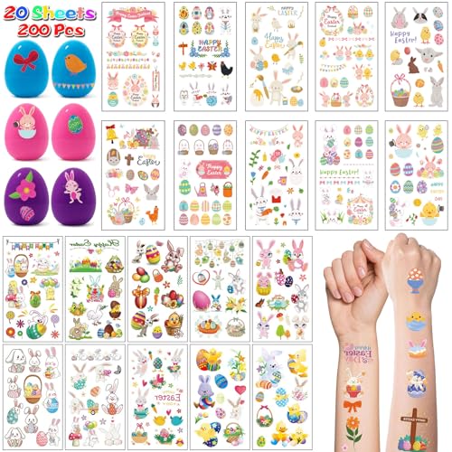 200 PCS Easter Temporary Tattoos Stickers, 20 Sheets Easter Themed Stickers for Teens and Adults, Sticker for Easter Eggs Decorations, Easter Egg Designs for Basket Stuffers and Holiday