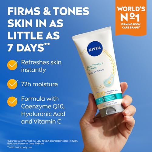 NIVEA Skin Firming & Toning Body Gel Cream with Q10, Hyaluronic Acid and Vitamin C, Clinically Tested Skin Firming & Toning Cream, 72-Hour Moisture, 6.7 Oz Tube