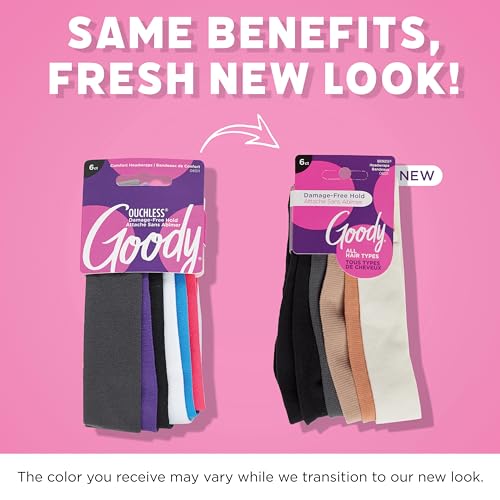 Goody Ouchless Jersey Fabric Headwraps, Wide Cloth Headbands, Neutral Colors, For Women and Men,6 Ct (Pack of 2)
