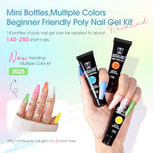 ROSALIND Colors Poly Nail Gel Kit, 14 ColorsPoly Nails Gel Starter Kits with Slip Solution 48W Nail Lamp Halloween All Seasons Classic Poly Extension Gels Nails Kit