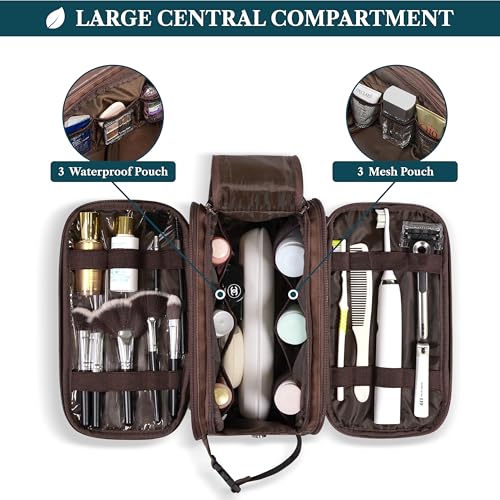 PAVILIA Large Toiletry Bag for Men Women, Mens Travel Bag Toiletries Organizer Case for Grooming, Travel Essentials Shaving Dopp Kit, PU Leather Water Resistant Cosmetic Pouch, Dark Brown