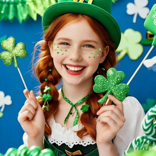 Green Leaves Glitter Freckles Temporary Tattoos for Women Green Shamrock Tattoos for Face for Saint Patrick's Day Outfit St Patricks Day Face Stickers - 6 Pack