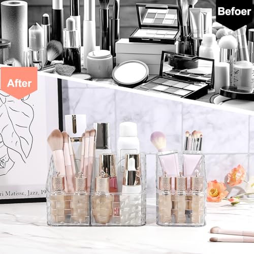 DASITON Makeup Brush Holder Organizer, 3 Slots Acrylic Makeup Brushes Storage Cup, Woven Texture Make Up Brush Holder for Vanity Bathroom Office, Pen Holder for Desk, Cosmetic Display Cases (Clear M)