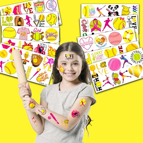 102 PCS Softball Temporary Tattoos Themed Birthday Party Decorations Favors Supplies Decor Girls Cute Baseball Sports Yellow Tattoo Stickers Gifts For Boys Girls Classroom School Prizes Carnival