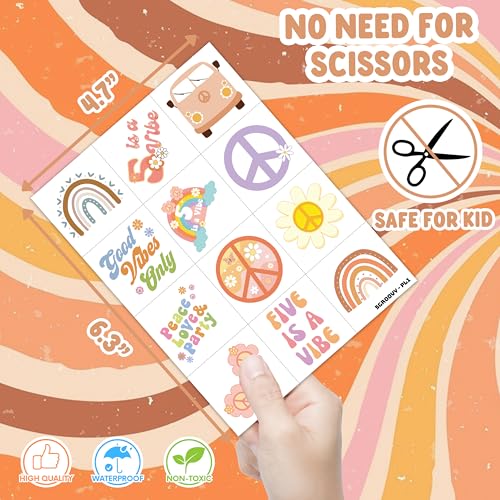 96 PCS Five Is A Vibe Pre-Cut Temporary Tattoos Themed 5th Birthday Party Decorations Favors Supplies D?cor Groovy Retro Boho Rainbow Hippie Die Cut Tattoo Stickers Gifts For Game Boys Girls School