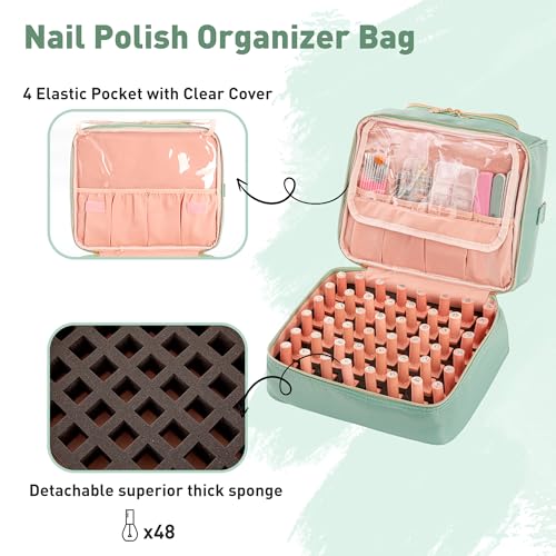 Nail Polish Organizer Case, Nail Supplies Storage Holds 60 Bottles Nail Polish & Nail Lamp Gel Nail Travel Carrying Bag for Nail Kit (Green)