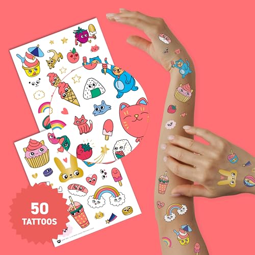 Omy Kawaii Temporary Tattoos for Kids - 50 Cute & Colorful Designs | Safe, Long-Lasting & Easy to Apply | Age 3 and Up