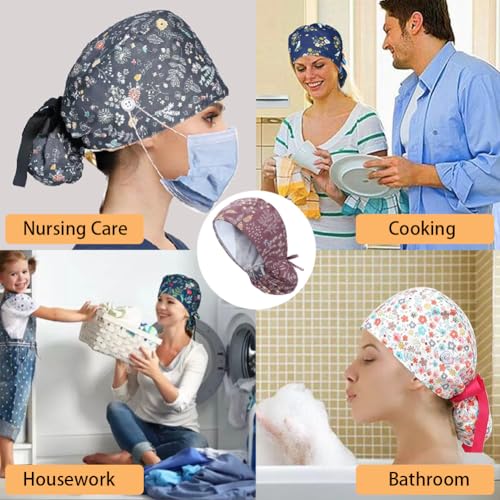 6Pcs Satin Lined Scrub Caps Women, Adjustable Surgical Caps for Women, Nurse Caps for Women Men with Button and Sweatband