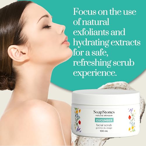 Soapstones Cucumber Facial Scrub - 100ml - Sugar and Jojoba Beads Exfoliating Face Scrub with Safflower Seed Oil to Remove Buildup and Renew Skin - Suitable for All Skin Types