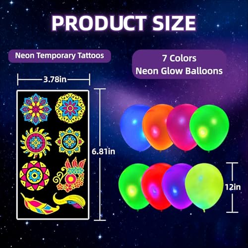 172 Pcs Temporary Tattoos - 100Pcs UV Neon Balloons for Adults Teens - Ideal for Neon Glow Party Decorations