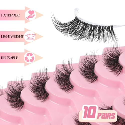 Ahrikiss Half Lashes Natural Look 10 Pairs Wispy Cat Eye Lashes 10mm 3D Fluffy False Eyelashes with Clear Band Short Half Eyelashes (TB02)
