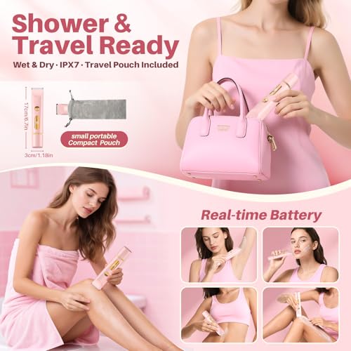 2025 Upgraded Bikini Trimmer for Women, Dual-Head Shaver with LCD Display, Ceramic-Blade Pubic Hair Trimmer, IPX7 Waterproof Wet & Dry Shower Shaver, Travel-Ready Gift Pouch(Pink)