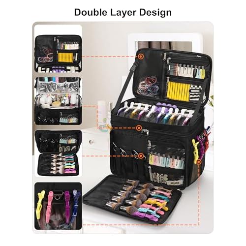 Hairstylist Travel Bag, Large Capacity Hairdressing Bag with Detachable Dividers, Professional Cosmetology Bag for Hairstylists with Dual-Layer Design, Hair Tools Organizer for Travel - Black