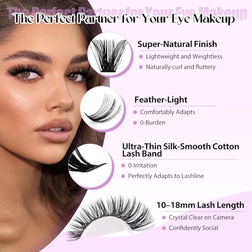WENDY LASHES Clusters Kit With Bottom Lashes 40D+40D+50D+60D+60D+80D 1440Pcs Wispy Eyelash Clusters 10-18mm Natural DIY Lash Extension Kit D Curl for Beginners