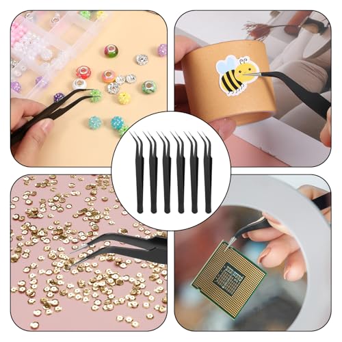 30Pcs Stainless Steel Craft Tweezers 4.9Inch Curved Pointed Tweezers with Protective Cover, Multipurpose High Precision Tweezer for Craft Sewing Stickers Eyelash Jewelry Making(Black)