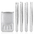 4-Pcs Glitter Stainless Steel Precision Tweezer Set for Eyebrows, Ingrown Hair & Lash Extensions (Bright Silver)
