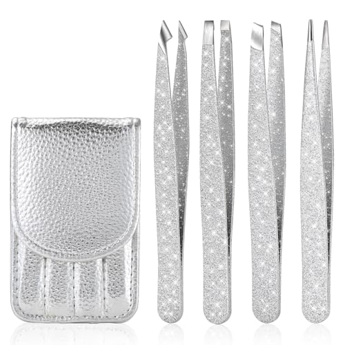 4-Pcs Glitter Stainless Steel Precision Tweezer Set for Eyebrows, Ingrown Hair & Lash Extensions (Bright Silver)