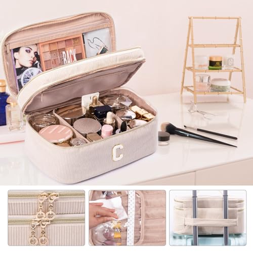AMOIGEE Initial Makeup Bag Organizer,Personalized Double Layer Train Case, Travel Toiletry Bag for Makeup Brushes for Teens Girl, Skincare Gift Set, Initial Cute Cosmetic Make Up Bag for Women