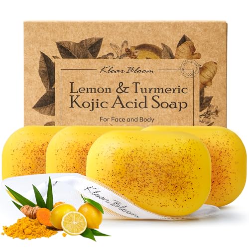 Lemon Turmeric Kojic Acid Soap ? Exfoliating Soap with Almond Particles for Dark Spots, Vitamin C and Extra Shea Butter, Gentle Brightening & Moisturizing for Face and Body ? 105g x4 Bars