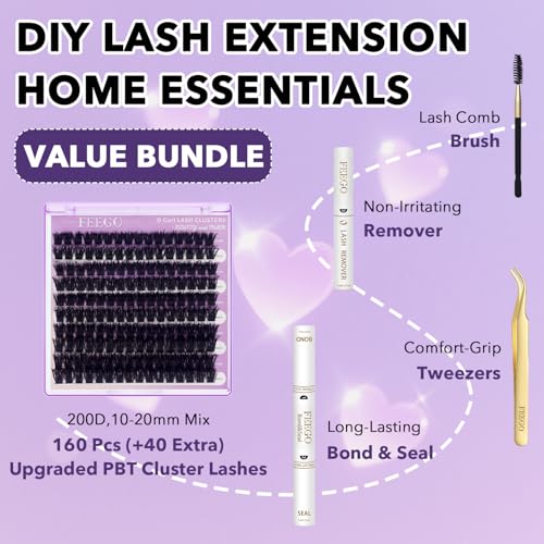 FEEGO Lash Extension Kit 100D/ 200D Fluffy 10-20MM D Curl Lash Clusters Eyelash 160pcs Extension Kit Individual Lashes with Lash Bond and Seal Lash Remover Lash (100D LASH KIT)