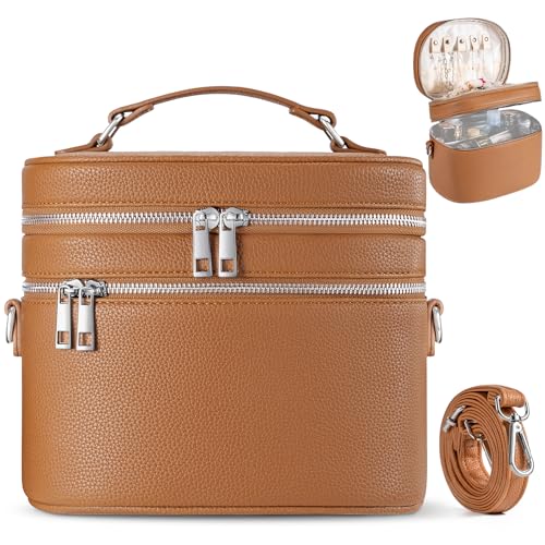 Leather Makeup Bag Organizer Double Layer Vanity Bag Large Capacity with Compartments and Handle Travel Portable Storage Crossbody Cosmetic Jewelry Case for Women. Brown