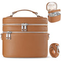 Leather Makeup Bag Organizer Double Layer Vanity Bag Large Capacity with Compartments and Handle Travel Portable Storage Crossbody Cosmetic Jewelry Case for Women. Brown