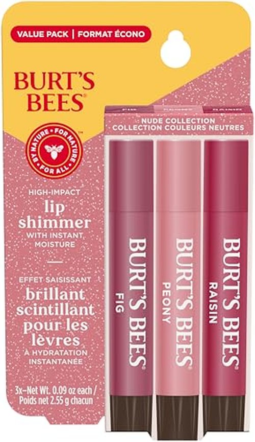 Burt's Bees Lip Shimmer Nude Collection; Luminescent Color; High Impact, Instant Moisture; with Shea and Cocoa Butters; 100% Natural Origin; 3 Warm Shades; Value Pack, 3 Tubes x 0.09 Oz