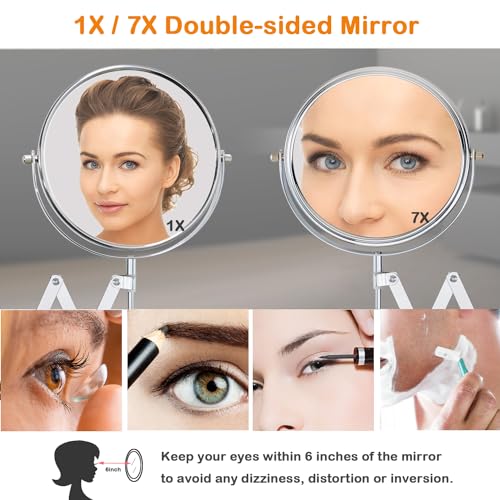 Welllink 7Inch Wall Mounted Double Sided Mirror, Accordion Makeup Mirror with 1X/7X Magnification, Chrome Finish, High-Definition Glass, Space Saving Screw Mount