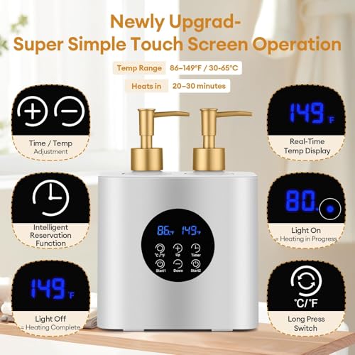 Massage Oil Warmer Heater with 4 Massage Oil Bottles and 2 Funnels,Adjustable Temp (86?149¡ÆF)&Timer (0.5?24H) Lotion Warmer,Dual Bottle Heated Oil Dispenser for Spa, Salon & Home Use(Silver)