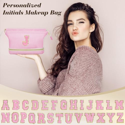 Birthday Gifts for Girls, Personalized Initial Make up Bag 18th Birthday Gifts for Girls Women, Travel Make up Bag Cosmetic Bag Preppy Stuff Bag for Her Mom Girlfriend Wife Teacher - Pink F