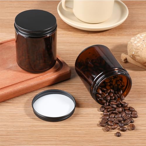 Goiio 12 Pack Amber Glass Jars, 8 Oz Thick Amber Round Glass Jars, with Black Metal Lids, for Spice, Liquid, Sample, Leakproof and Dishwasher Safe