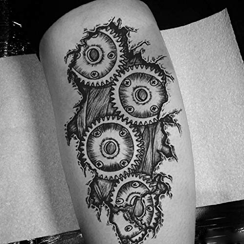 6 Sheets Temporary Tattoo Stickers Muscle Men Black 3D Mechanical Metal Arm Hollow Gear Shoulder Leg
