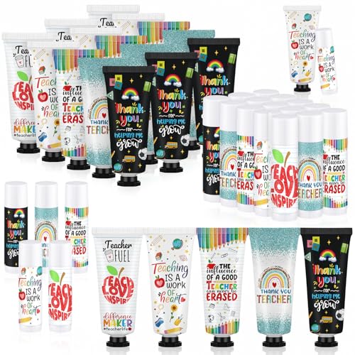 Loopeer 30 Sets Teacher Appreciation Gifts Bulk 5 Style Travel Size Lip Balm and Hand Cream Thank You Gift Sets for Teacher Staff Team Woman Man Office Supplies Back to School Party Favors