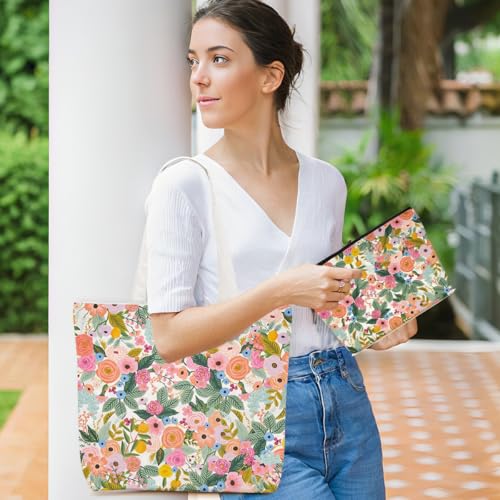 Aesthetic Floral Canvas Tote Bag Makeup Bag Set Flower Decor Gifts for Women Girls Daughter Friend Bestie Vacation Travel Work Birthday Christmas Reusable Shopping Grocery Bags Travel Cosmetic Bags
