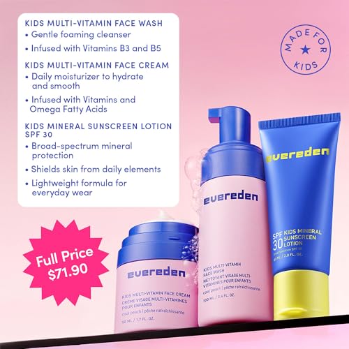 Evereden Kids Daily 1-2-3 Routine Bundle: Clean & Vegan Skincare for Kids ? Hydrating & Gentle Tween Skincare Set with Multi-Vitamin Face Wash, Face Cream, & SPF 30 Mineral Sunscreen