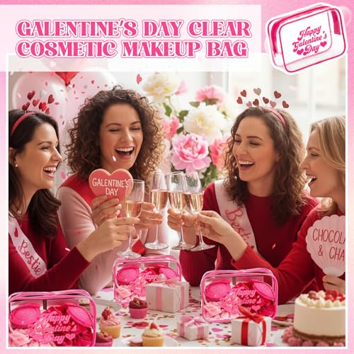 Rtteri 12 Pcs Galentine's Day Gift Bags Hot Pink Clear Makeup Bag with Frame Happy Galentine's Day Makeup Cosmetic Bag Toiletry Storage Purse Bulk for Friends Valentine Party Favors