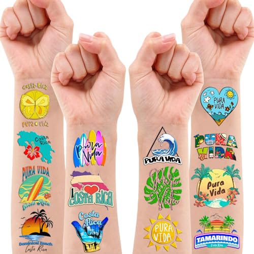 100PCS Costa Rica Pura Vida Temporary Tattoos Birthday Party Decorations Favors Supplies Summer Tropical Beach Tattoo Stickers Gifts For Kids Boys Girls School Rewards Prizes Carnival