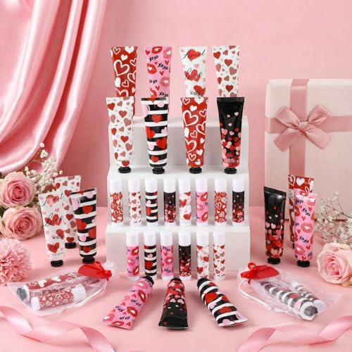 Loopeer 48 Sets Valentine Bulk Gifts Hand Cream and Lip Balm Bulk Set with Organza Bag Red Love Heart Card Galentine Gifts for Valentine Party Favors Stuffers Woman Men Teacher Staff Nurse Coworker