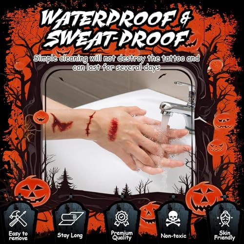 12 Sheets Fake Scars Tattoo Temporary Halloween Makeup Kit, Realistic Halloween zombie makeup Fake Bloody Wound Stitch Scar Tatoos Halloween Masquerade Prank Makeup Props