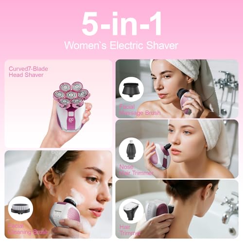 7D Head Shavers for Bald Men,Electric shavers for Men with LED Display, Head Shavers for Men Wet&Dry, Professional 5-in-1 Electric Head Shaver Grooming Kit for Hair/Face/Beard£¨Pink£©