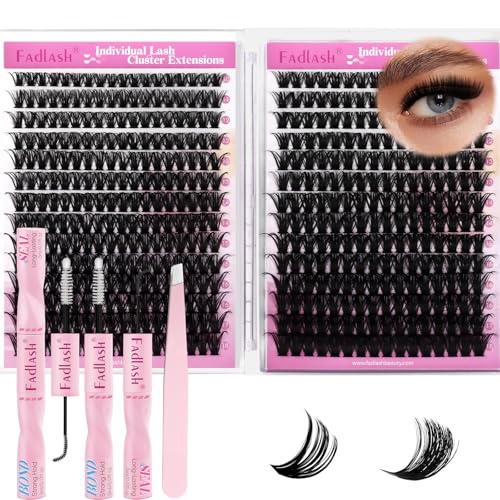 FADLASH Lash Clusters Kit 60D+80D Eyelash Cluster Kits Natural Wispy Cluster Eyelashes Extensions D Curl 10-18mm Lashes Extension with Lash Bond and Seal Lash Tweezer (60D+80D, Kit)
