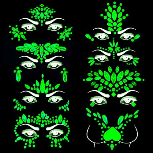 8Sets Glow in the Dark Face Gems Jewels Rave Noctilucent blacklight UV Body Stickers Luminous tattoos mermaid accessories pasties makeup for Women Halloween Festival