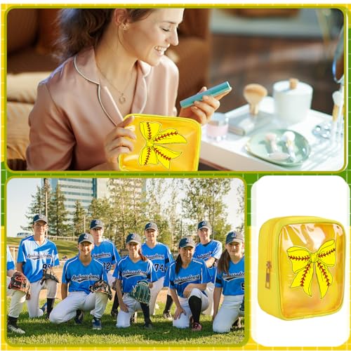 JarThenaAMCS 12Pcs Softball Bow Clear Makeup Bags Yellow Red Plastic Cosmetic Bags Waterproof Toiletry Travel Pouch for Sport Team Party Favor Supplies