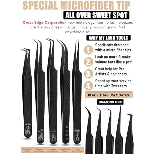 Fiber Tip Lash Tweezers Set for Eyelash Extensions ? Curved Classic, Mega 90 Degree Boot, 45 Degree Angle & Isolation Tweezer, Stainless Steel Precision, Non Slip Professional Application Kit