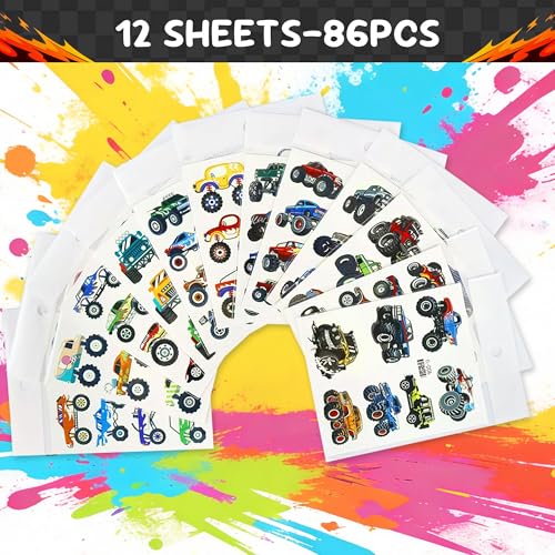 86 Pcs Monster Truck Car Temporary Tattoos for Teen Boys Gift Ideas, 12 Sheet Glow in The Dark Fake Tattoo Stickers Set, Cute Birthday Party Favors, Decoration Supplies & Rewards