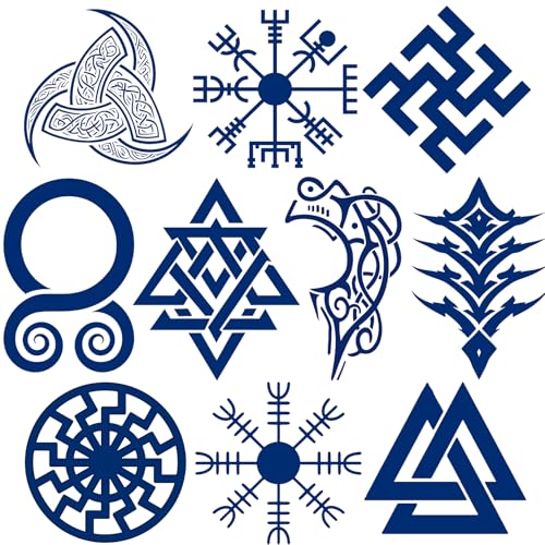 10 Sheets Viking Temporary Tattoos for Men and Women, Waterproof & Long-Lasting Temp Celtic Fake Tattoo Stickers for Adults, Tattoo Axe Bullhorn Dark Blue for Parties Festivals Styling Accessories