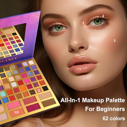 Afflano Big Makeup Palette for Brown Green Eyes, All in One Large Eyeshadow Makeup Palette 62 Colors, Professional Durable Colorful Eye Shadow Pallet for Beginners Old Women Halloween Bruise Cosplay