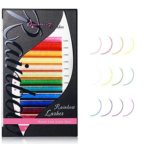 Beauty7 Colored Lash Extensions Rainbow Classic D+ Curl 0.05mm Thickness 15mm Dramatic Eyelashes Ombre 12 Colors